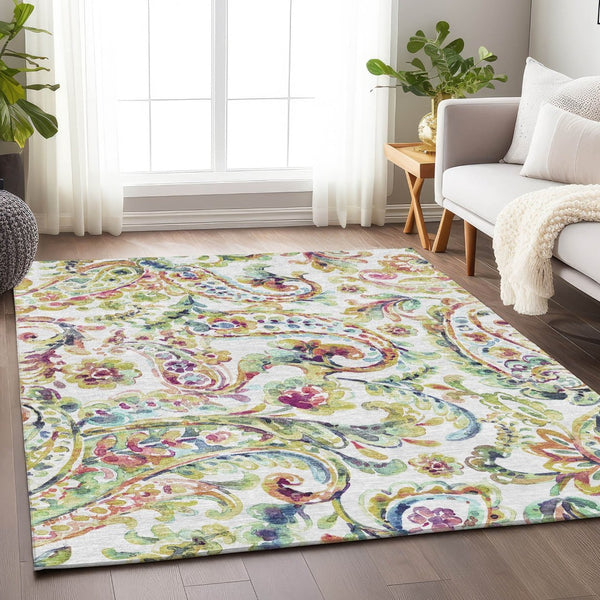 HomeRoots 8' X 10' Elegant Ivory, Blue, and Pink Paisley Area Rug - Washable with UV Protection & Durable Design 666966