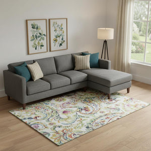 HomeRoots 9' X 12' Elegant Ivory Blue Pink Paisley Area Rug - Washable, UV Protected for High-Traffic Homes 666967