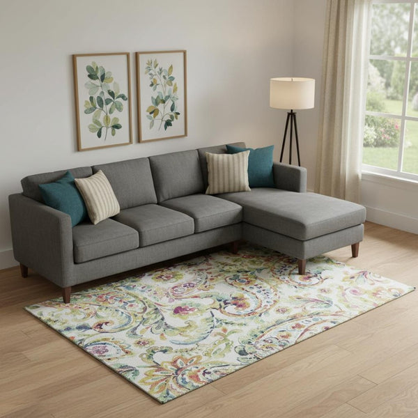 HomeRoots 9' X 12' Elegant Ivory Blue Pink Paisley Area Rug - Washable, UV Protected for High-Traffic Homes 666967