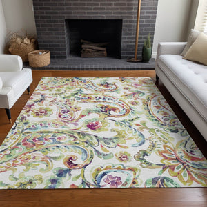 HomeRoots 9' X 12' Elegant Ivory Blue Pink Paisley Area Rug - Washable, UV Protected for High-Traffic Homes 666967