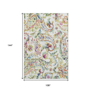 HomeRoots 9' X 12' Elegant Ivory Blue Pink Paisley Area Rug - Washable, UV Protected for High-Traffic Homes 666967