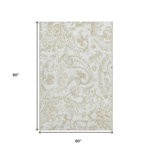 HomeRoots 5' X 8' Beige and Ivory Paisley Area Rug – Washable, UV-Protected, Durable for High-Traffic Spaces 666970
