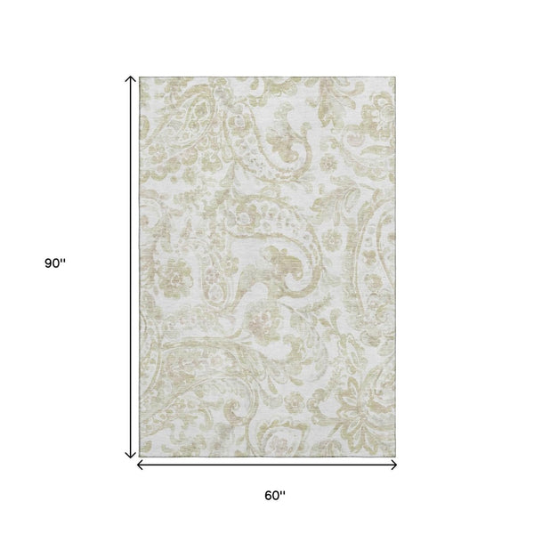 HomeRoots 5' X 8' Beige and Ivory Paisley Area Rug – Washable, UV-Protected, Durable for High-Traffic Spaces 666970