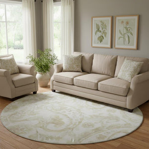 HomeRoots 8' Beige And Ivory Paisley Round Rug – Washable, UV-Protected, Stain Resistant for Busy Homes 666971