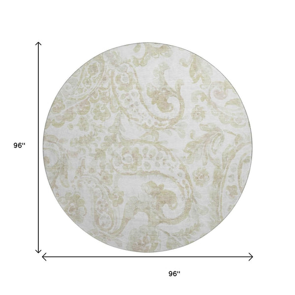 HomeRoots 8' Beige And Ivory Paisley Round Rug – Washable, UV-Protected, Stain Resistant for Busy Homes 666971