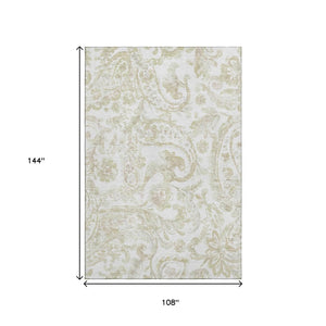 HomeRoots 9' X 12' Beige and Ivory Paisley Area Rug - Washable, Stain-Resistant, UV-Protected for Homes 666973