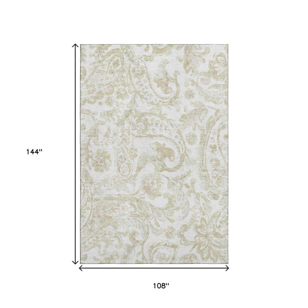 HomeRoots 9' X 12' Beige and Ivory Paisley Area Rug - Washable, Stain-Resistant, UV-Protected for Homes 666973