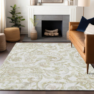 HomeRoots 9' X 12' Beige and Ivory Paisley Area Rug - Washable, Stain-Resistant, UV-Protected for Homes 666973