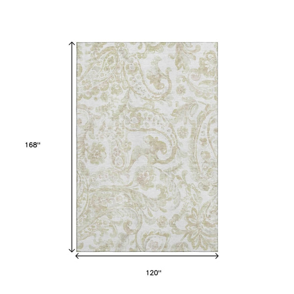 HomeRoots 10' X 14' Beige and Ivory Paisley Area Rug - Durable, Washable, UV Protected for Busy Homes! 666974