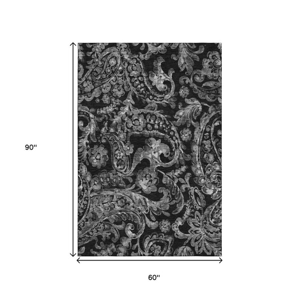 HomeRoots 5' X 8' Stylish Black & Silver Paisley Washable Area Rug with UV Protection for Busy Homes 666976