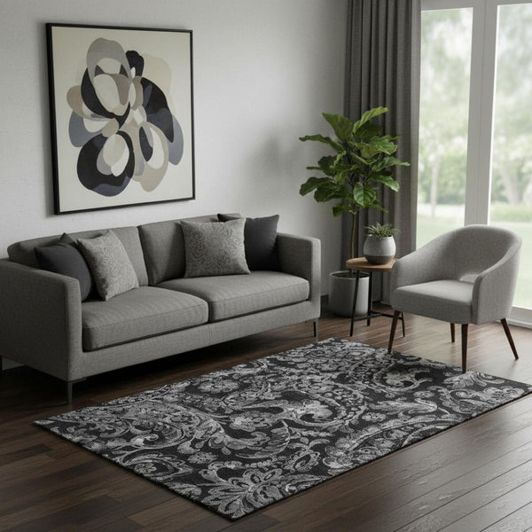 HomeRoots 5' X 8' Stylish Black & Silver Paisley Washable Area Rug with UV Protection for Busy Homes 666976
