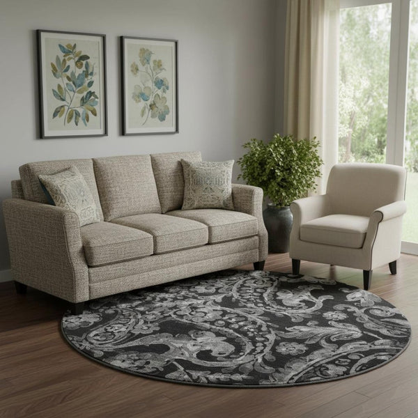HomeRoots 8' Elegant Black and Silver Paisley Washable Round Rug with UV Protection for Easy Care and Style 666977