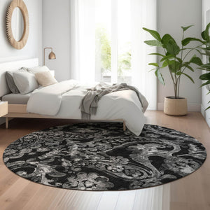 HomeRoots 8' Elegant Black and Silver Paisley Washable Round Rug with UV Protection for Easy Care and Style 666977
