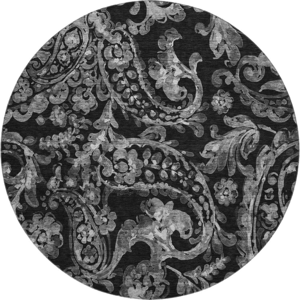 HomeRoots 8' Elegant Black and Silver Paisley Washable Round Rug with UV Protection for Easy Care and Style 666977