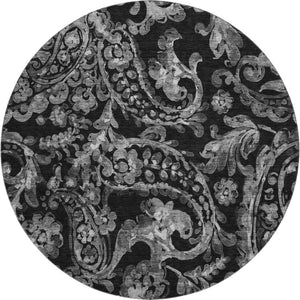 HomeRoots 8' Elegant Black and Silver Paisley Washable Round Rug with UV Protection for Easy Care and Style 666977