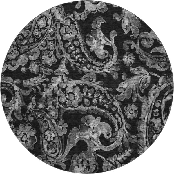 HomeRoots 8' Elegant Black and Silver Paisley Washable Round Rug with UV Protection for Easy Care and Style 666977