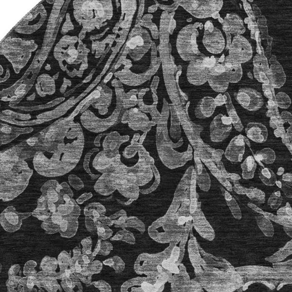 HomeRoots 8' Elegant Black and Silver Paisley Washable Round Rug with UV Protection for Easy Care and Style 666977