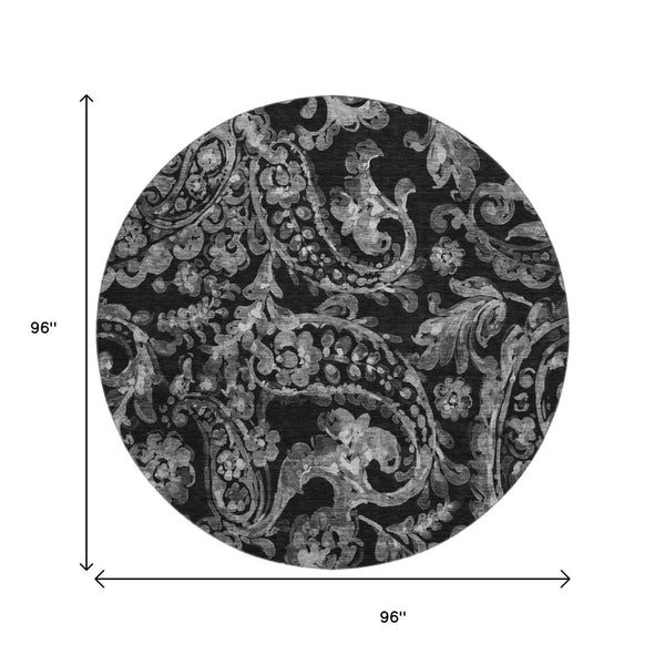 HomeRoots 8' Elegant Black and Silver Paisley Washable Round Rug with UV Protection for Easy Care and Style 666977