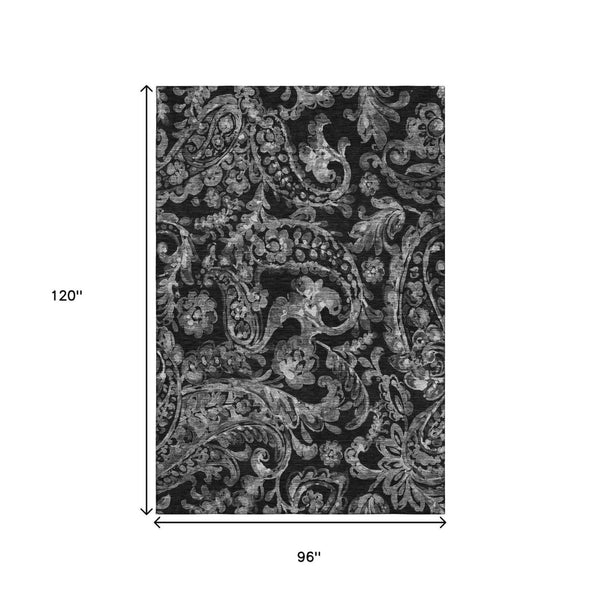 HomeRoots 8' X 10' Stylish Black & Silver Paisley Washable Area Rug with UV Protection for High-Traffic Areas 666978