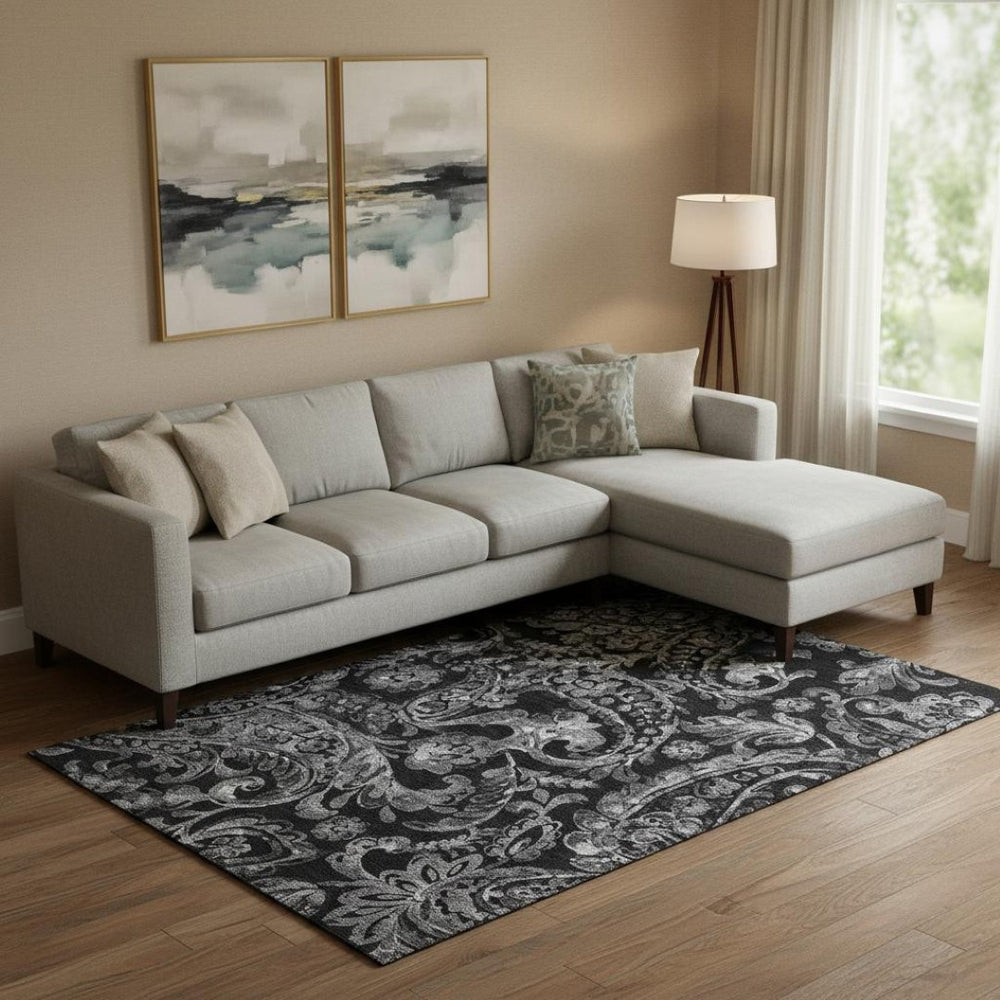 HomeRoots 8' X 10' Stylish Black & Silver Paisley Washable Area Rug with UV Protection for High-Traffic Areas 666978