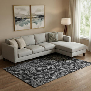 HomeRoots 8' X 10' Stylish Black & Silver Paisley Washable Area Rug with UV Protection for High-Traffic Areas 666978