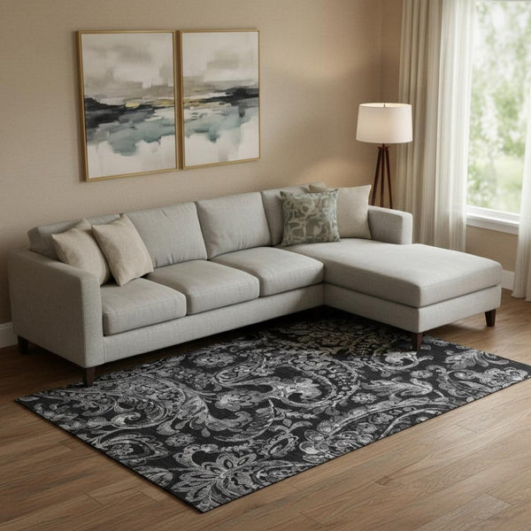 HomeRoots 8' X 10' Stylish Black & Silver Paisley Washable Area Rug with UV Protection for High-Traffic Areas 666978