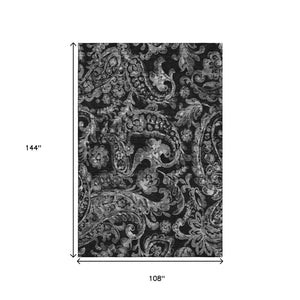 HomeRoots 9' X 12' Black And Silver Paisley Area Rug - Stylish, Washable, UV-Protected for High-Traffic Spaces 666979