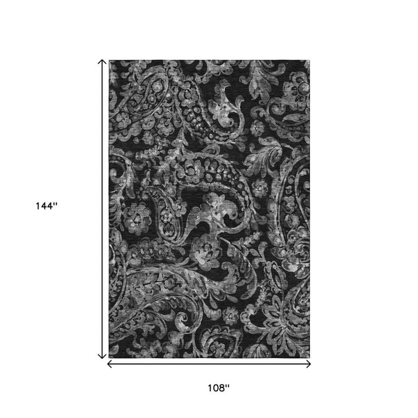 HomeRoots 9' X 12' Black And Silver Paisley Area Rug - Stylish, Washable, UV-Protected for High-Traffic Spaces 666979