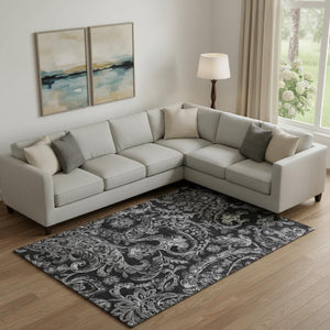 HomeRoots 9' X 12' Black And Silver Paisley Area Rug - Stylish, Washable, UV-Protected for High-Traffic Spaces 666979