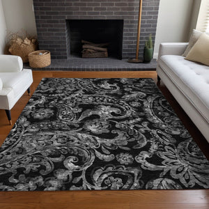 HomeRoots 9' X 12' Black And Silver Paisley Area Rug - Stylish, Washable, UV-Protected for High-Traffic Spaces 666979