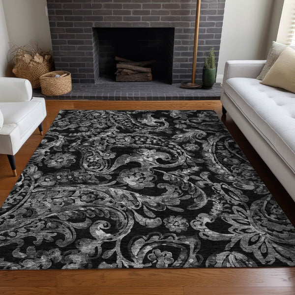 HomeRoots 9' X 12' Black And Silver Paisley Area Rug - Stylish, Washable, UV-Protected for High-Traffic Spaces 666979