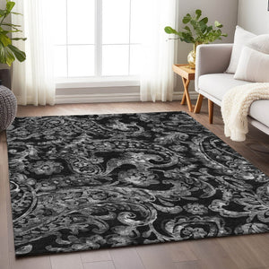 HomeRoots 9' X 12' Black And Silver Paisley Area Rug - Stylish, Washable, UV-Protected for High-Traffic Spaces 666979