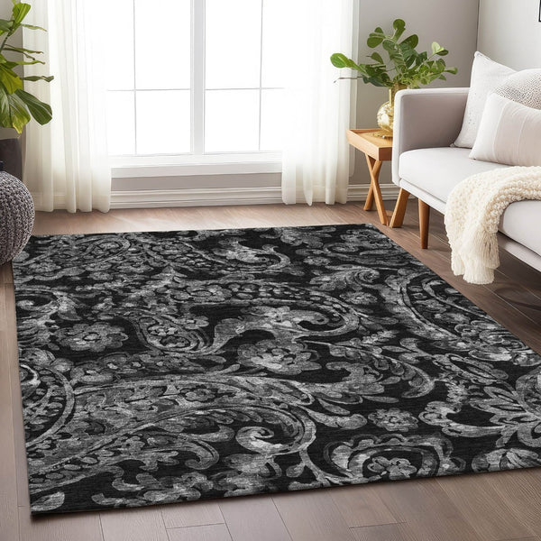HomeRoots 9' X 12' Black And Silver Paisley Area Rug - Stylish, Washable, UV-Protected for High-Traffic Spaces 666979