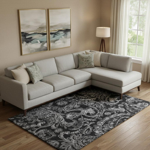 HomeRoots 10' X 14' Stylish Black & Silver Paisley Washable Area Rug with UV Protection for High-Traffic Spaces 666980