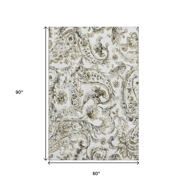 HomeRoots 5' X 8' Stylish Brown and Ivory Paisley Area Rug - Washable, UV-Protected, Stain-Resistant Comfort 666982