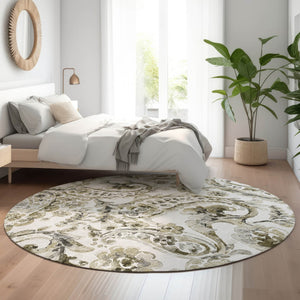 HomeRoots 8' Brown And Ivory Paisley Washable Round Rug - Pet-Friendly, UV Protected, Easy Clean Design! 666983