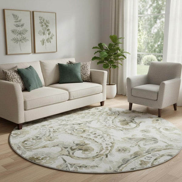 HomeRoots 8' Brown And Ivory Paisley Washable Round Rug - Pet-Friendly, UV Protected, Easy Clean Design! 666983