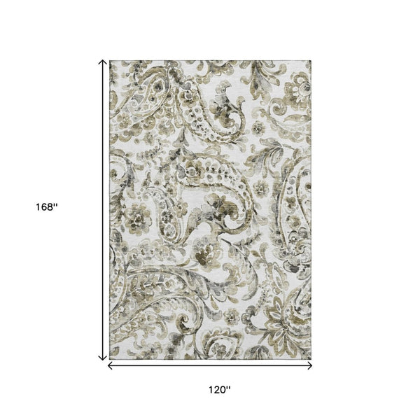 HomeRoots 10' X 14' Brown and Ivory Paisley Area Rug - Washable, Stain-Resistant with UV Protection for Homes 666986