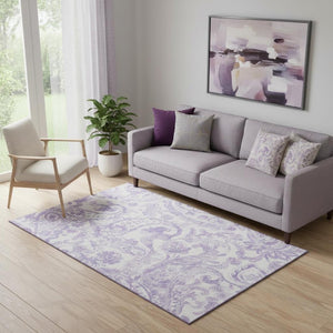 HomeRoots 5' X 8' Elegant Lavender and Ivory Paisley Area Rug – Washable, UV Protected, Stain Resistant Design 666994
