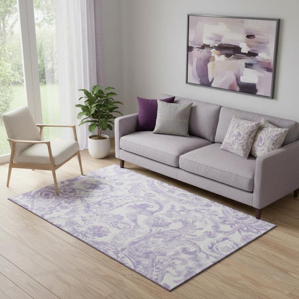 HomeRoots 5' X 8' Elegant Lavender and Ivory Paisley Area Rug – Washable, UV Protected, Stain Resistant Design 666994