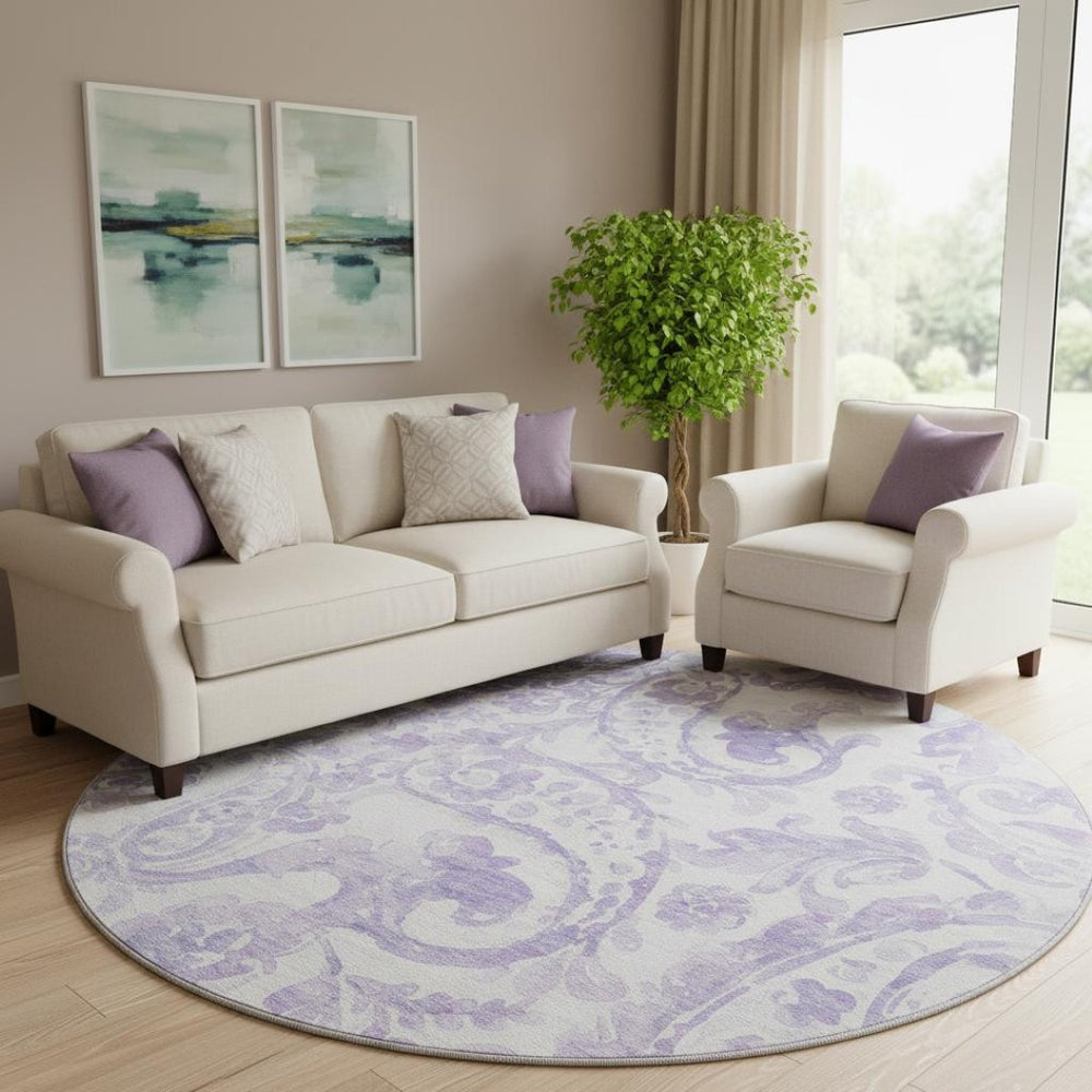 HomeRoots 8' Lavender and Ivory Paisley Washable Round Rug - Stain Resistant, UV Protected, Elegant Design! 666995