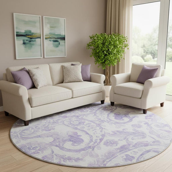 HomeRoots 8' Lavender and Ivory Paisley Washable Round Rug - Stain Resistant, UV Protected, Elegant Design! 666995