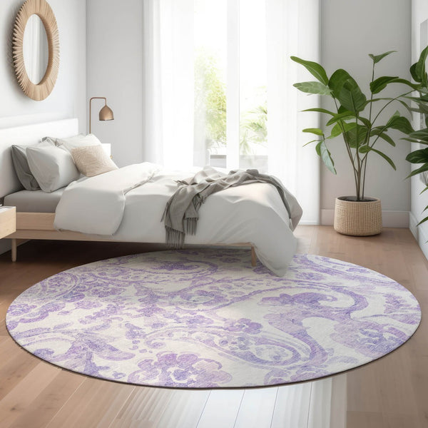 HomeRoots 8' Lavender and Ivory Paisley Washable Round Rug - Stain Resistant, UV Protected, Elegant Design! 666995