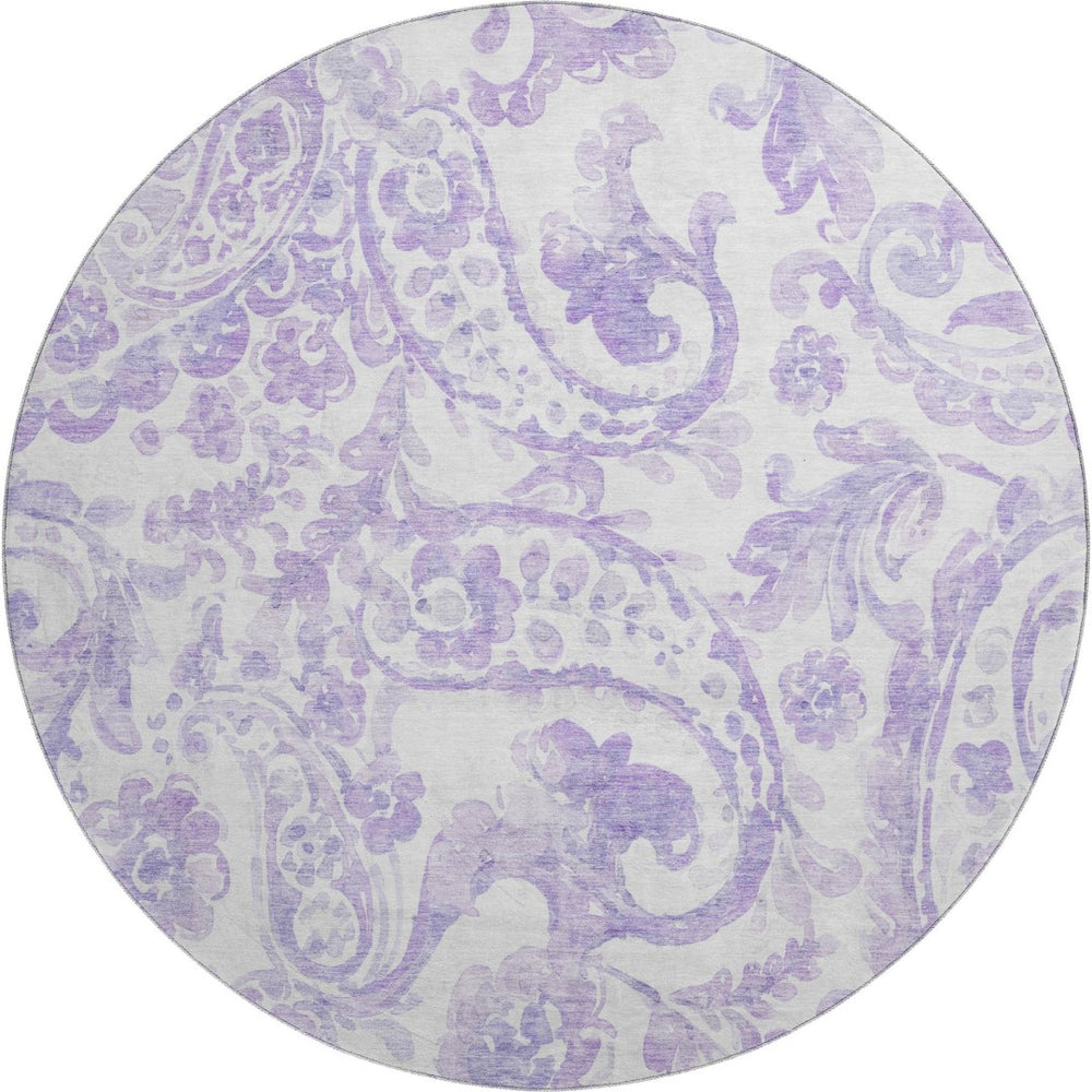 HomeRoots 8' Lavender and Ivory Paisley Washable Round Rug - Stain Resistant, UV Protected, Elegant Design! 666995