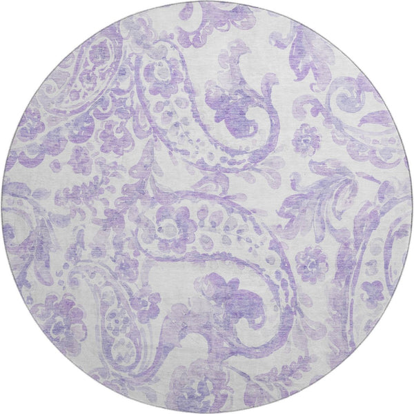 HomeRoots 8' Lavender and Ivory Paisley Washable Round Rug - Stain Resistant, UV Protected, Elegant Design! 666995