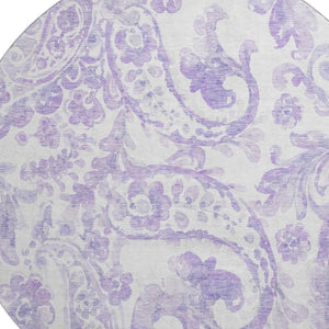 HomeRoots 8' Lavender and Ivory Paisley Washable Round Rug - Stain Resistant, UV Protected, Elegant Design! 666995
