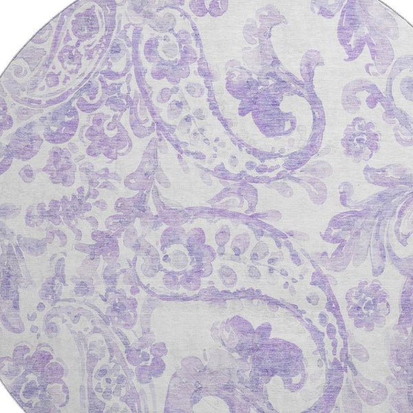 HomeRoots 8' Lavender and Ivory Paisley Washable Round Rug - Stain Resistant, UV Protected, Elegant Design! 666995