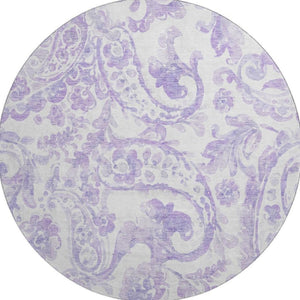 HomeRoots 8' Lavender and Ivory Paisley Washable Round Rug - Stain Resistant, UV Protected, Elegant Design! 666995