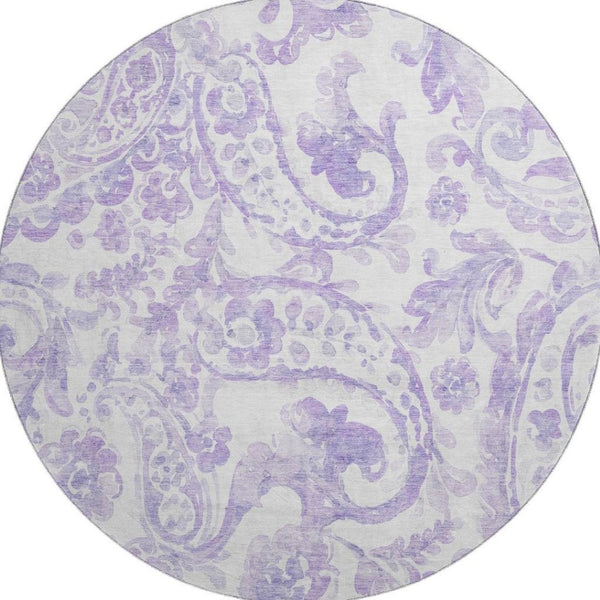 HomeRoots 8' Lavender and Ivory Paisley Washable Round Rug - Stain Resistant, UV Protected, Elegant Design! 666995