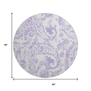 HomeRoots 8' Lavender and Ivory Paisley Washable Round Rug - Stain Resistant, UV Protected, Elegant Design! 666995